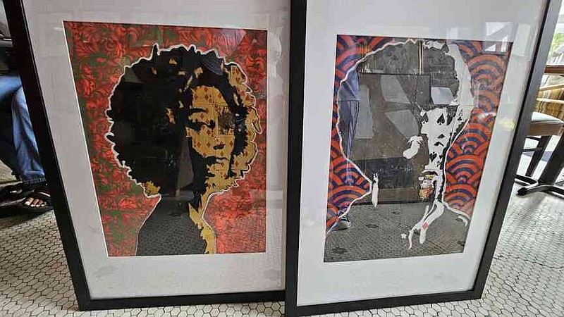 Mixed-media artwork by Rashawn Penister is displayed inside the Indigo Blue Coffeehouse. (Pine Bluff Commercial/I.C. Murrell)