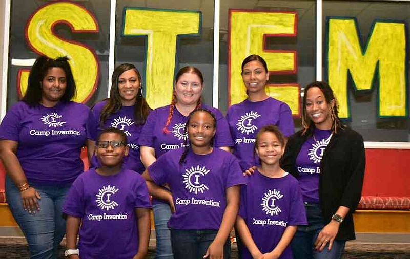 Camp Invention instructors and three of their students team up for group photo: Back row from left, Tiffany Jackson, Sharon Tyson, Stephanie Akines, Claudia Lozano and Markesha Spears. Bottom left: Kaison Thorn, Jai'Yonni McDonald and Avery Martin. (Pine Bluff Commercial/I.C. Murrell)
