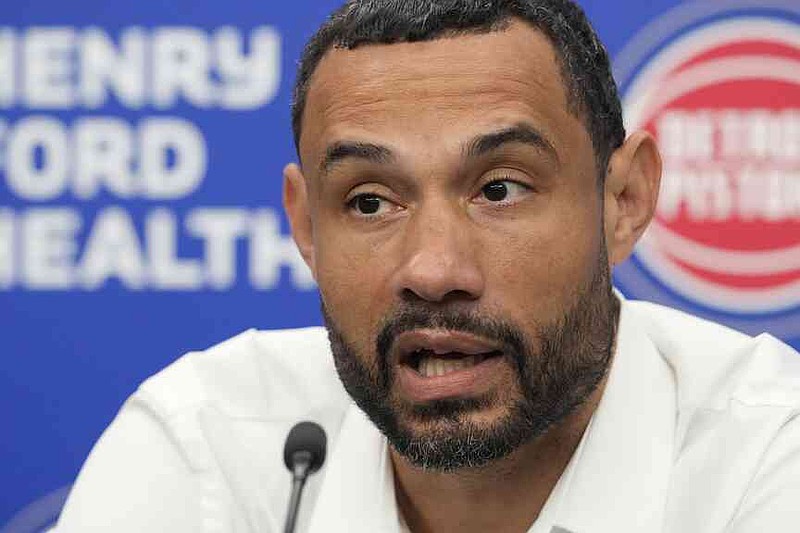 FILE - Detroit Pistons president of basketball operations Trajan Langdon addresses the media before introducing J.B. Bickerstaff as the new head coach of the NBA basketball team, Wednesday, July 10, 2024, in Detroit. (AP Photo/Carlos Osorio, file)
