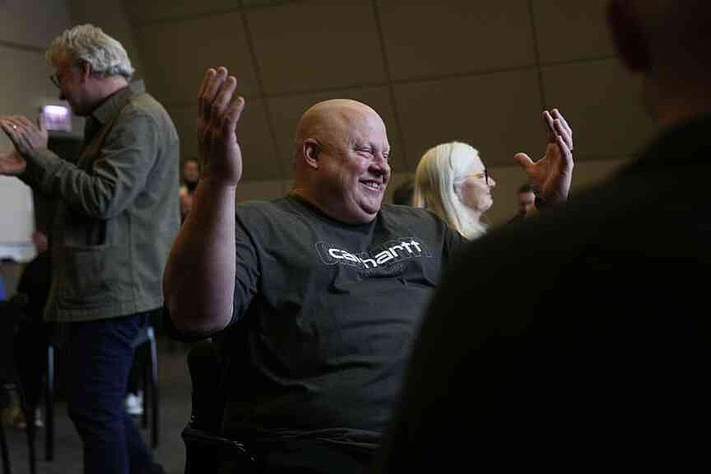 San Jose Police Department Capt. Stephen Donohue participates in an improvisational exercise lead by The Second City instructors during a University of Chicago Crime Lab class that is part of the Policing Leadership Academy program, on April 11, 2025, in Chicago. (AP Photo/Erin Hooley)