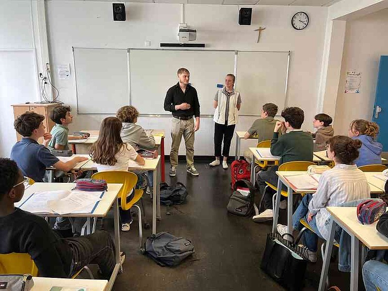 Arkansas Tech University students Mason Condley and Rose Gunther lead a lesson in English at Institution Sainte-Geneviève in Asnières, France, during their study abroad trip in early summer 2025. (Submitted Photo/Arkansas Tech University)