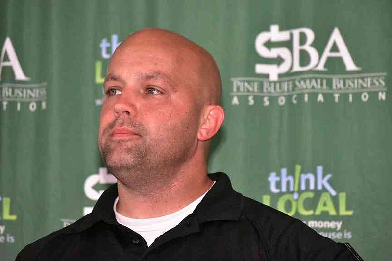 Pine Bluff Police Capt. Jason Howard leads off presentations at a Pine Bluff Small Business Association luncheon Wednesday, July 16, 2025. (Pine Bluff Commercial/I.C. Murrell)