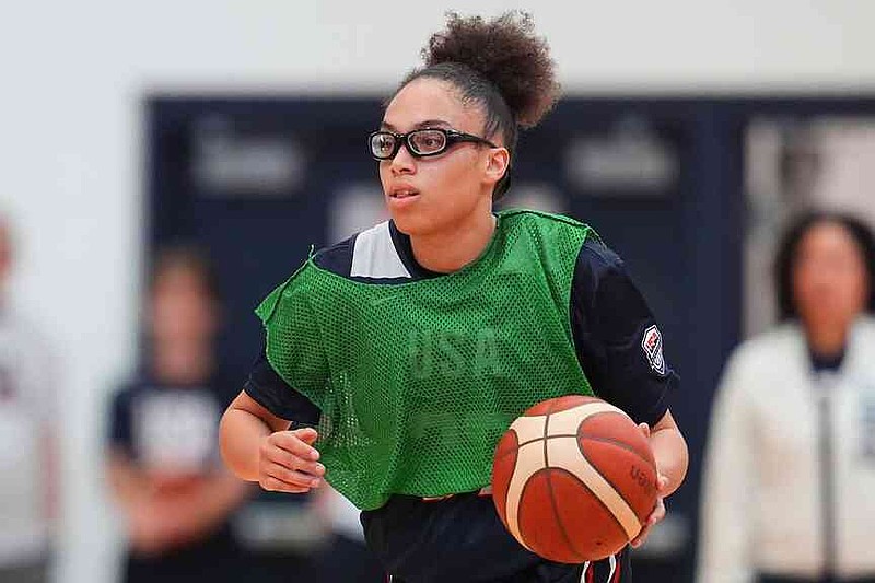 FILE - Guard Olivia Miles dribbles up court during practice at USA Basketball women's Americup trials, Wednesday, June 18, 2025, at the USA Olympics training center in Colorado Springs, Colo. (AP Photo/David Zalubowski, File)