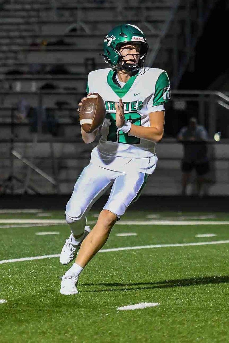 Slade Norwood, a sophomore starting only his second varsity game, led Greenland to a 47-21 victory Friday at Berryville last season. Norwood had joined the Pirates after transferring from Farmington, then he transfered to Fayetteville in the offseason before returning to Farmington. (Courtesy photo by Sarah Hood)