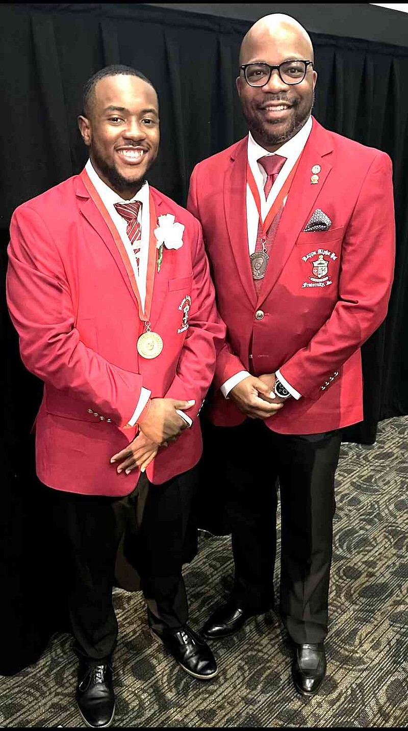 Perry L. Williams, the 2025 Guy L. Grant Award recipient, left, visits with John Kuykendall III, the 1999 recipient. (Special to The Commercial/University of Arkansas at Pine Bluff)
