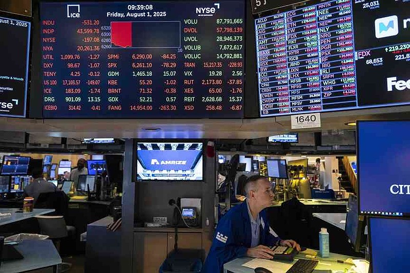 A screen shows stock prices on the floor of the New York Stock Exchange, Friday, Aug. 1, 2025, in New York.