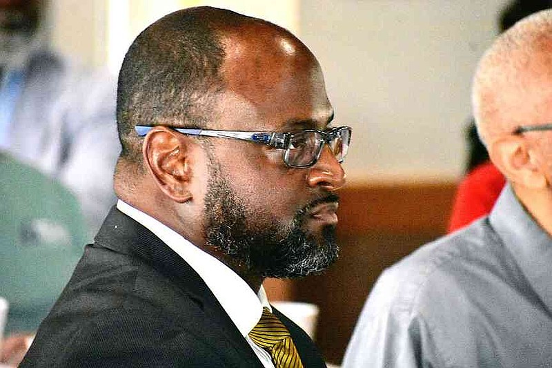 UAPB Chancellor Anthony Graham pays attention to a luncheon presentation by the Pine Bluff Regional Chamber of Commerce at the university's Business Support Incubator on July 2, 2025. (Pine Bluff Commercial/I.C. Murrell)