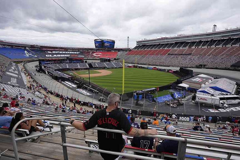 Fans gather for the MLB Speedway Classic baseball game at Bristol Motor Speedway in Bristol, Tenn., Sunday, Aug. 3, 2025. Play was resumed today after yesterday's weather delay. (AP Photo/George Walker IV)