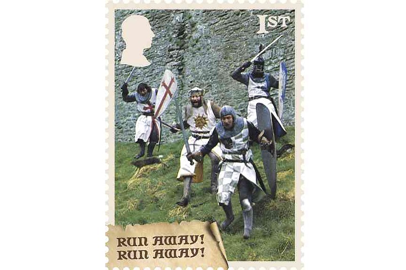 This photo provided by the Royal Mail  on Wednesday Aug. 6, 2025 shows a Monty Python Holy Grail stamp issued to celebrate the 50th anniversary of the film. (Royal Mail via AP)