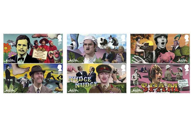 This photo provided by the Royal Mail on Wednesday Aug. 6, 2025 shows Monty Python stamps issued to celebrate the 50th anniversary of their Holy Grail film. (Royal Mail via AP)