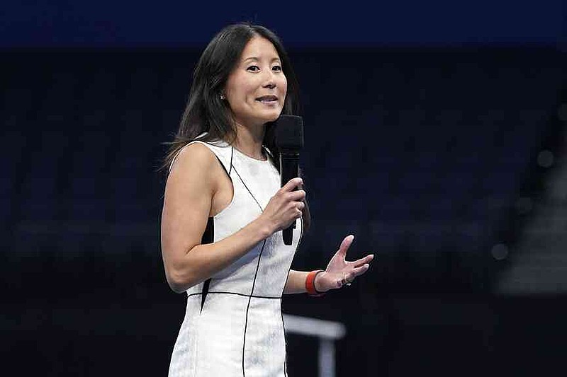FILE - Li Li Leung, president of USA Gymnastics, speaks during the U.S. gymnastics championships Aug. 18, 2022, in Tampa, Fla. (AP Photo/Chris O'Meara, File)