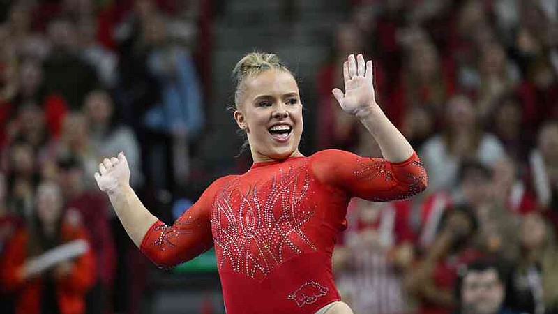FILE - Arkansas gymnast Joscelyn Roberson competes on the floor against LSU during an NCAA gymnastics meet on Jan. 24, 2025, in Fayetteville, Ark. (AP Photo/Michael Woods, file)