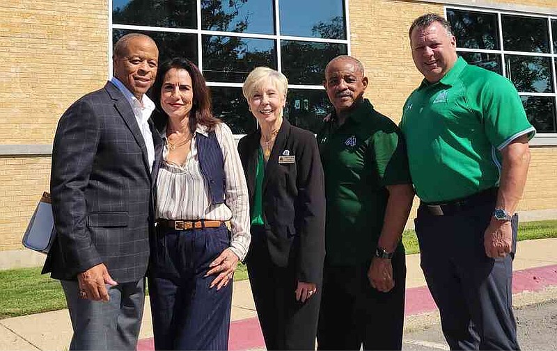 Terry Alexander (second from right) is pictured along with Kenneth Hunt, Irma Hunt, University of Arkansas at Monticello Chancellor Peggy Doss and Randy Risher at the dedication of UAM's Kenneth H. Hunt Athletic Performance Center on Sept. 30, 2023. (Pine Bluff Commercial/I.C. Murrell)
