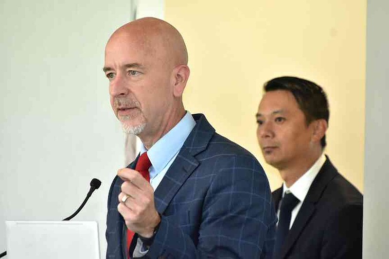 State Education Secretary Jacob Oliva addresses questions from a joint meeting of state House and Senate education committees as Friendship Aspire Academy Arkansas Superintendent Phong Tran listens Wednesday, Sept. 3, 2025. (Pine Bluff Commercial/I.C. Murrell)