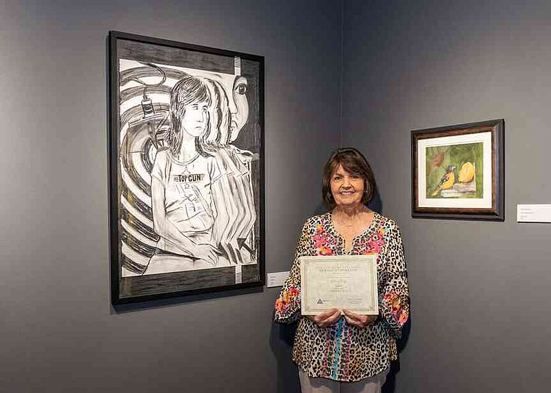 Edie Totty of Fordyce received first place for her charcoal drawing 'Top Gun' during an awards reception Aug. 28 for the 2025 Pine Bluff Art League Exhibition. (Special to The Commercial/ARTx3 Campus)