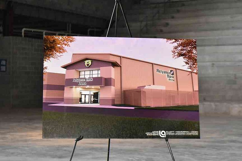 A rendering of the outside of Relyance Bank Arena once completed is displayed. (Pine Bluff Commercial/I.C. Murrell)