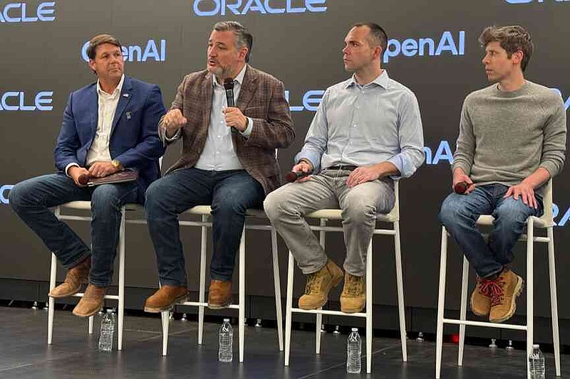 From left, Rep. Jodey Arrington, Sen. Ted Cruz, Oracle CEO Clay Magouyrk and OpenAI CEO Sam Altman answer questions during a news conference on Tuesday, Sept. 23, 2025 in Abilene, Texas.  (AP Photo/Matt O'Brien)