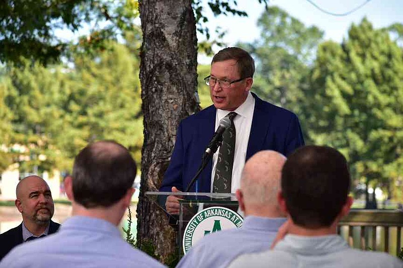 Waterfowl conservationist David Snowden addresses the dedication of the Snowden Waterfowl Center of Excellence at Weevil Pond on Monday, Oct. 13, 2025. (Pine Bluff Commercial/I.C. Murrell)