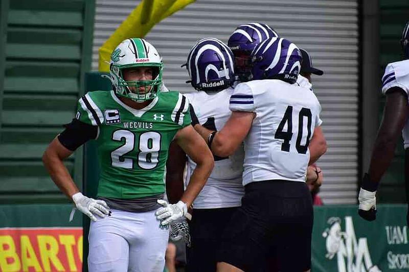 UAM defensive back Cayden Dominey reacts to a rushing touchdown by Ouachita Baptist early in the second quarter Saturday, Oct. 18, 2025, in Monticello. (Pine Bluff Commercial/I.C. Murrell)