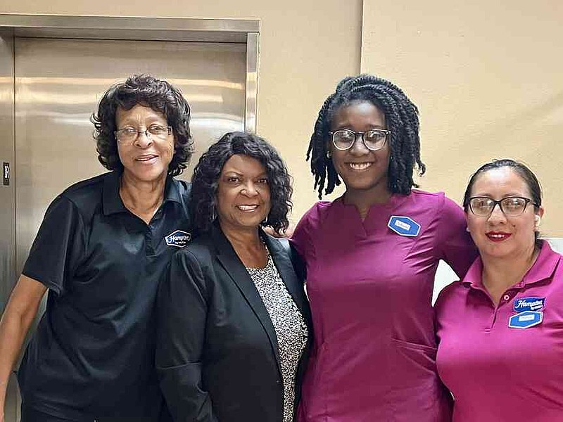 UAPB Associate Professor Suzzette Shaw Goldmon conducts a site visit at Hampton Inn and Suites in Pine Bluff. Participants are Lillie Black, left, laundry assistant; Goldmon, intern Denise Reed-Thomas, and Teresa Alfaro, lead housekeeper. (Special to The Commercial/University of Arkansas at Pine Bluff)