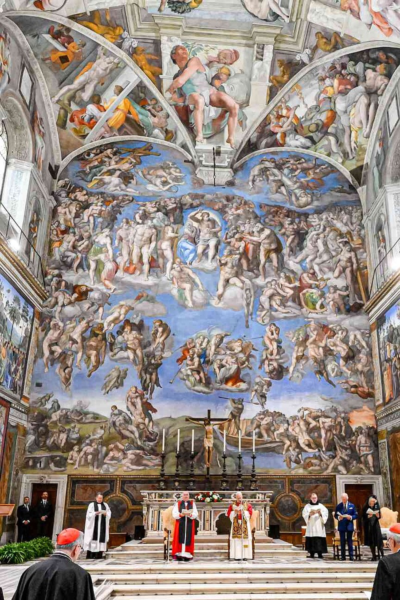 In this picture made available by Vatican media, Britain's King Charles III, second from right, and Queen Camilla, right, attend a joint prayer with Pope Leo XIV, fourth from right, and the Archbishop of York Stephen Cottrell, fifth from right, in the Sistine Chapel at the Vatican on the theme of 'Care for Creation', Thursday, Oct. 23, 2025. (Vatican Media via AP, HO)