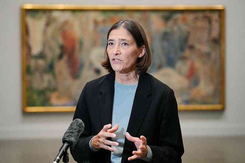 Director Susanne Gaensheimer gives an interview with The Associated Press at the new exhibition