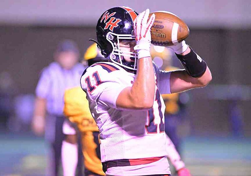 White Hall junior Kel McEntire catches a pass during an Oct. 17, 2025, football game against Watson Chapel at Wildcat Stadium in Pine Bluff. (Special to the Commercial/William Harvey)