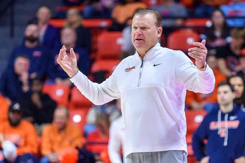 Illinois head coach Brad Underwood reacts during an NCAA college basketball game against Jackson State, Monday, Nov. 3, 2025, in Champaign, Ill. (AP Photo/Craig Pessman)