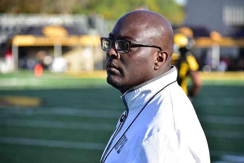 UAPB Coach Alonzo Hampton reacts to a penalty against his team in the second quarter. (Pine Bluff Commercial/I.C. Murrell)