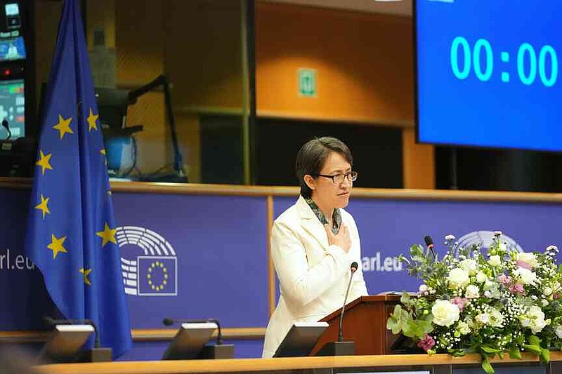 Taiwan’s Vice President Bi-Khim Hsiao speaks during an event at the European Parliament in Brussels, Friday, Nov. 7, 2025. (AP Photo/Virginia Mayo)