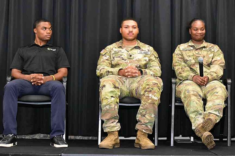 From left: UAPB Army Cadets Szkyren Pruitt, Kendrick Nelson and Erica Moseby take part in a panel discussion during a Veterans Day Celebration on campus Tuesday, Dec. 11, 2025. (Pine Bluff Commercial/I.C. Murrell)