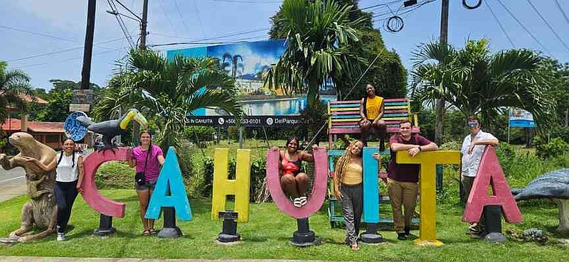 University of Arkansas at Pine Bluff students visit Cahuita on Costa Rica's Caribbean coast with their Costa Rican Language Academy instructor, Mariana Zumbado. Participants are Heidi Price, left, Naiyestlie Ware, Makaila Reidel, Aaron Dixon, John L. Peterson and Mari'Neisha Hardwick (in back). (Special to The Commercial/University of Arkansas at Pine Bluff)