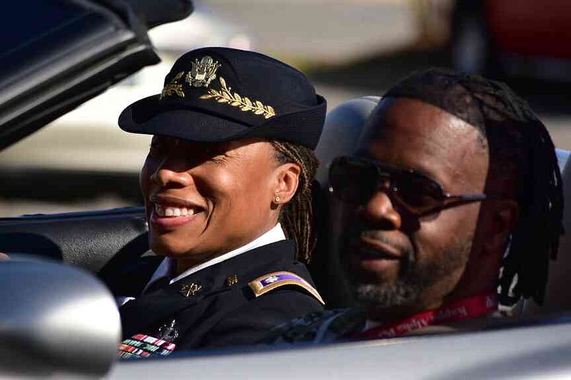 Lt. Col. Natasha Campbell, left, of the U.S. Army serves as one of two grand marshals for the Pine Bluff Regional Veterans Parade on Saturday, Nov. 15, 2025. (Pine Bluff Commercial/I.C. Murrell)