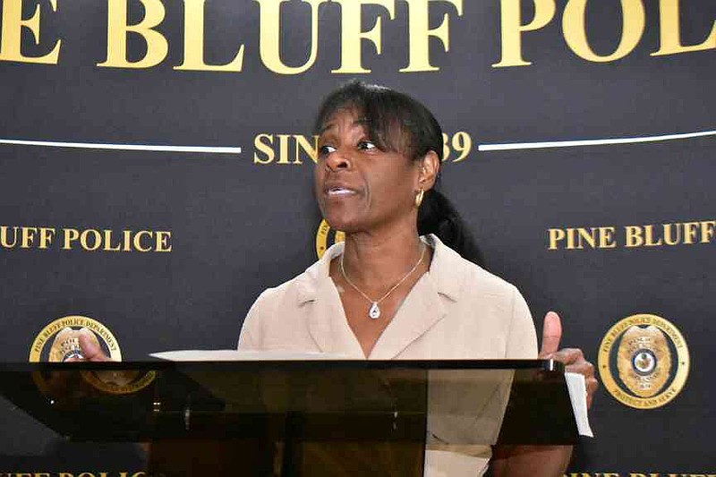 Pine Bluff Interim Police Chief Shirley Warrior comments on the incident involving an officer at Sissy's Log Cabin during a news conference at headquarters Thursday, Nov. 20, 2025. (Pine Bluff Commercial/I.C. Murrell)