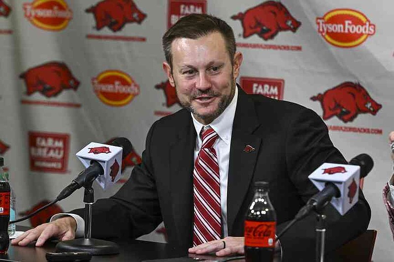 Arkansas's new head football coach Ryan Silverfield speaks to reporters during an NCAA college football press conference, Thursday, Dec. 4, 2025, in Fayetteville, Ark. (Hank Layton/The Northwest Arkansas Democrat-Gazette via AP)