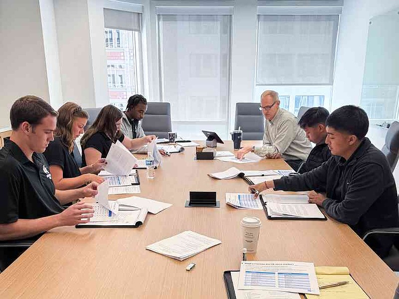 The University of Arkansas at Monticello Investment Club officers Aidan Manley, Emma Green, Bryleigh Myers, Jaquenton Harris, Gael Bernal and Edwin Hernandez participate in investment management training at the offices of the Walton Family Foundation and the Walton Investment Team LLC during a recent trip to Washington, D.C. (Special to The Commercial/University of Arkansas at Monticello)