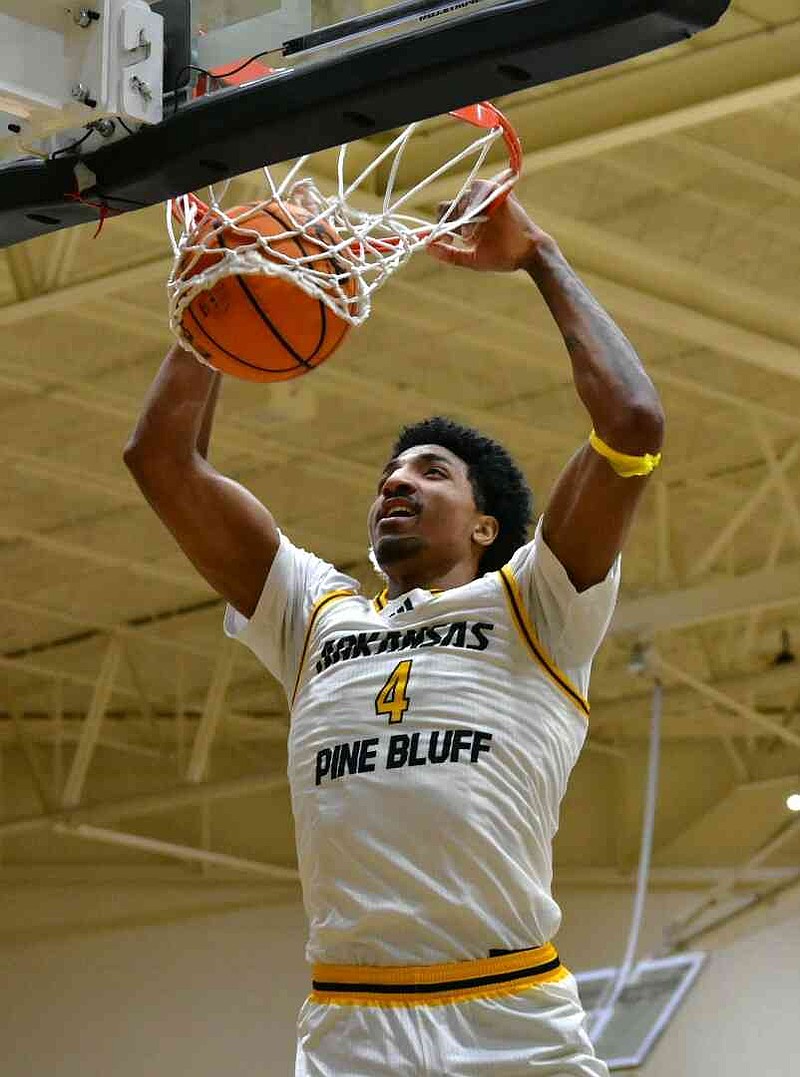 Jaquan Scott of UAPB soars for a two-hand jam against Champion Christian College in the first half Wednesday, Dec. 17, 2025, at H.O. Clemmons Arena. (Pine Bluff Commercial/I.C. Murrell)