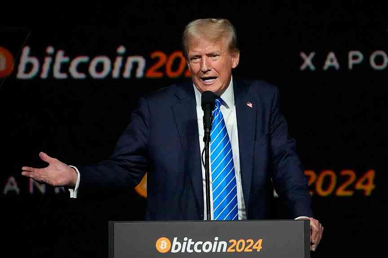 FILE - Republican presidential candidate former President Donald Trump speaks at the Bitcoin 2024 ConferenceJuly 27, 2024, in Nashville, Tenn. (AP Photo/Mark Humphrey, File)