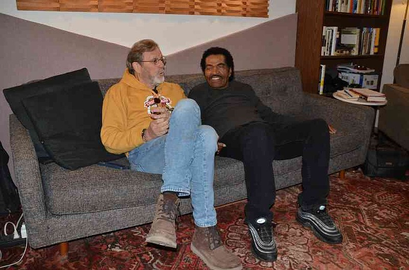 Singer/songwriter and Wabbaseka native son Billy Jeter relaxes with three-time Grammy Award winner Bobby Rush in the control room of Jason Weinheimer's Fellowship Hall Sound studio in downtown Little Rock. (Special to The Commercial/Richard Ledbetter)