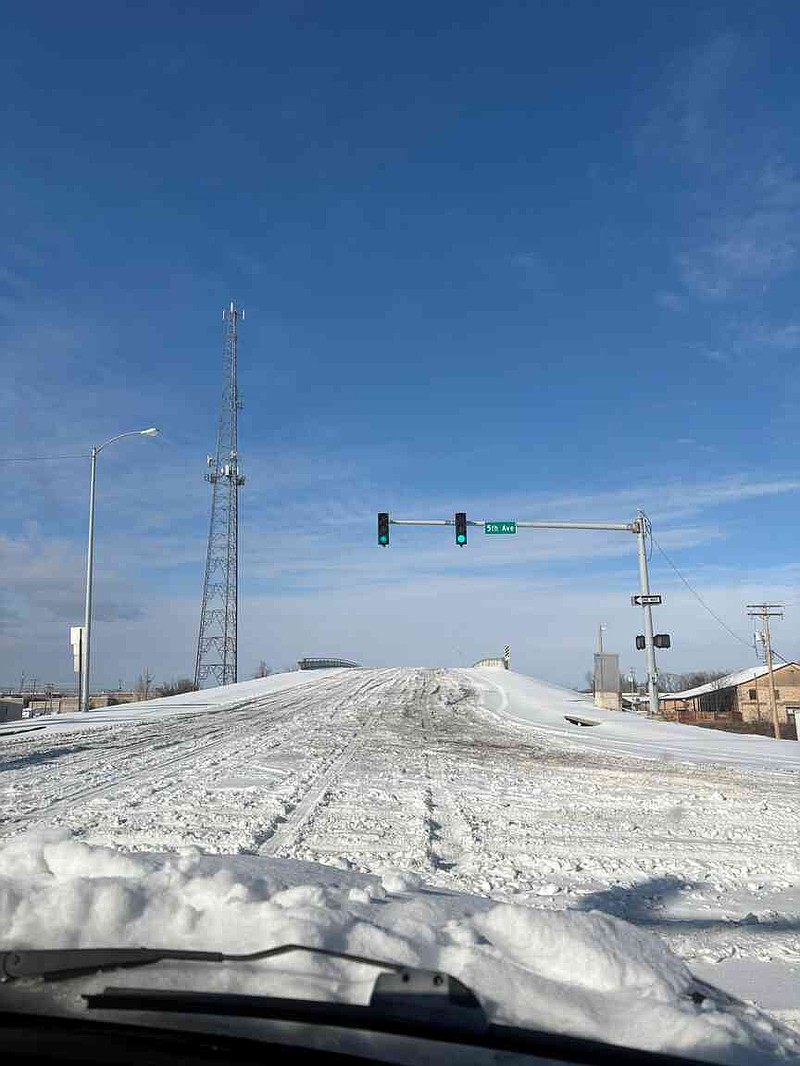 Convention Center drive toward Fifth Avenue is pictured Monday, Jan. 26, 2026. The bridge was among major thoroughfares in Pine Bluff designated to be plowed. (Special to The Commercial/Vivian Flowers)
