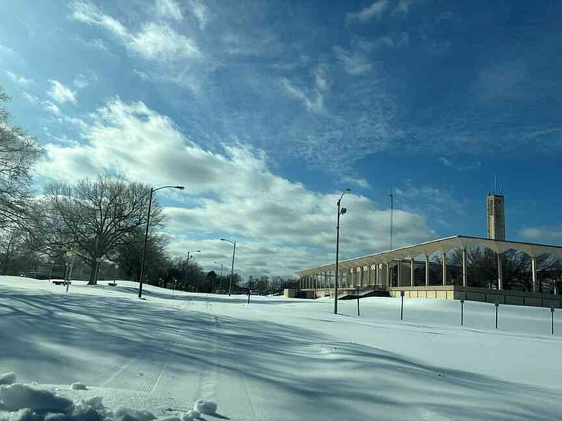 The intersection of 10th Avenue and State Street at the Pine Bluff Civic Center is covered in snow Monday, Jan. 26, 2026. (Special to The Commercial/Vivian Flowers)
