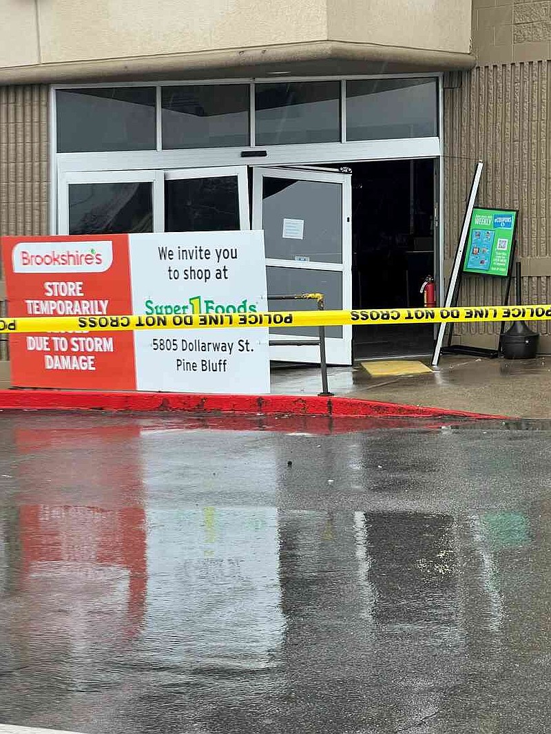 The entrance of Brookshire's grocery store in White Hall is damaged following a roof collapse Tuesday, Feb. 3, 2026.  (Special to The Commercial/Noel Foster)