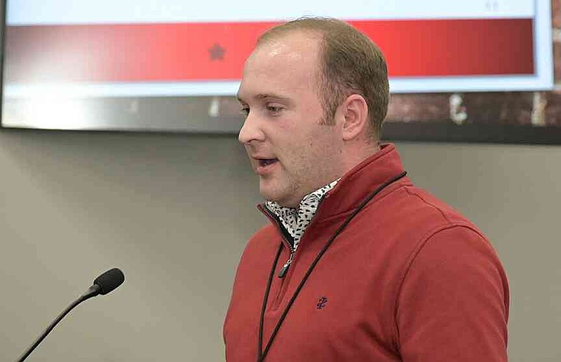 Benjamin Dixon, a student-teacher at Pine Bluff High School, shares his experiences at the school with the State Board of Education on Thursday, Feb. 12, 2026, at the Arkansas River Education Service Cooperative. (Pine Bluff Commercial/I.C. Murrell)