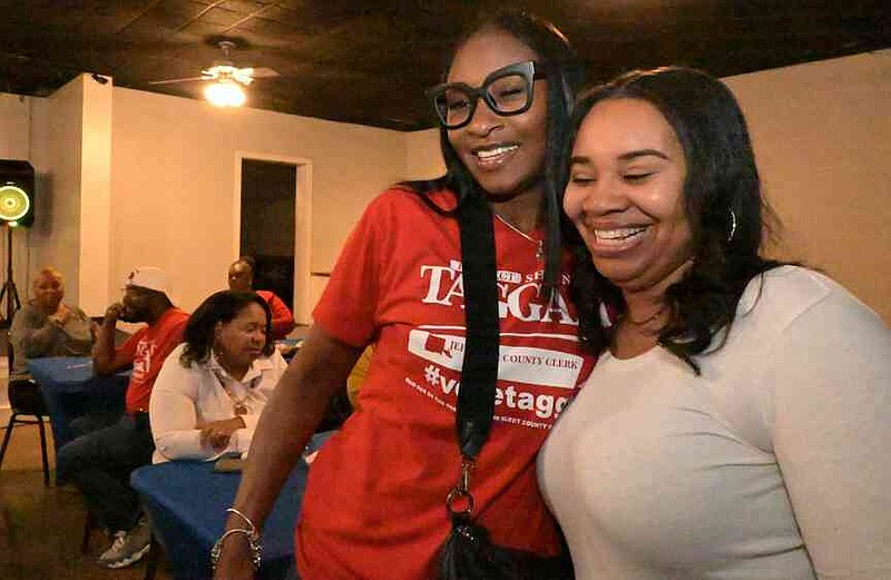 Jefferson County Clerk Shawndra Taggart hugs Brandy Charles at Taggart's watch party Tuesday, March 3, 2026. (Pine Bluff Commercial/I.C. Murrell)