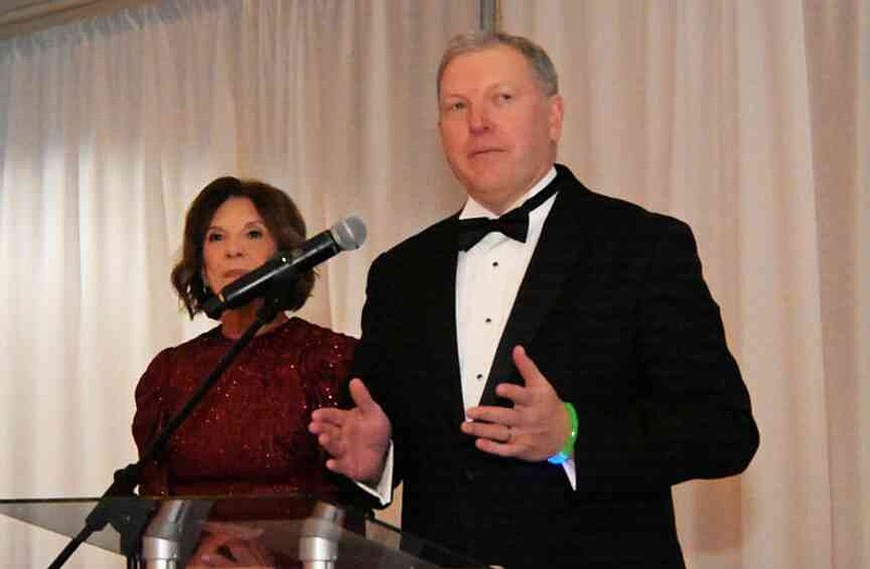 Jefferson Regional President and CEO Brian Thomas speaks as Jefferson Regional Foundation Board Chairwoman Julie Simpson looks on at the Winter Wonderland on Feb. 28, 2026, at the White Hall Community Center. (Pine Bluff Commercial/I.C. Murrell)