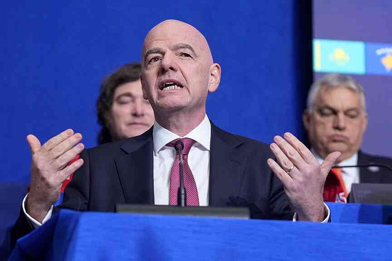 FIFA President Gianni Infantino speaks during a Board of Peace meeting at the U.S. Institute of Peace, Thursday, Feb. 19, 2026, in Washington. (AP Photo/Mark Schiefelbein)