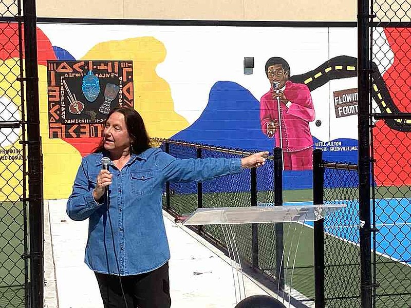 UAPB Department of Art and Design Chair Karen DeJarnette, discusses the outdoor classroom concept at the Delta Rhythm & Bayous – Blues and Wellness Plaza's grand opening. (Special to The Commercial/Kim Jones Sneed/University of Arkansas at Pine Bluff)