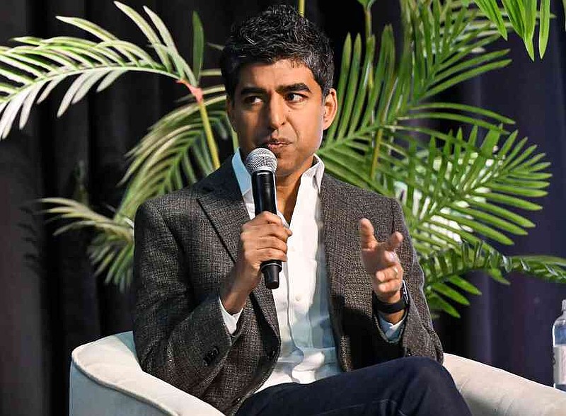 Keynote speaker Dr. Neal Shah, chief medical officer of Maven Clinic, speaks Thursday during the Northwest Arkansas Health Summit at Fayetteville Town Center. Attendees of the Northwest Arkansas Health Summit heard from a variety of speakers to learn about strategies for improving health care throughout the state.  Visit nwaonline.com/photo for today's photo gallery.  (NWA Democrat-Gazette/Caleb Grieger)
