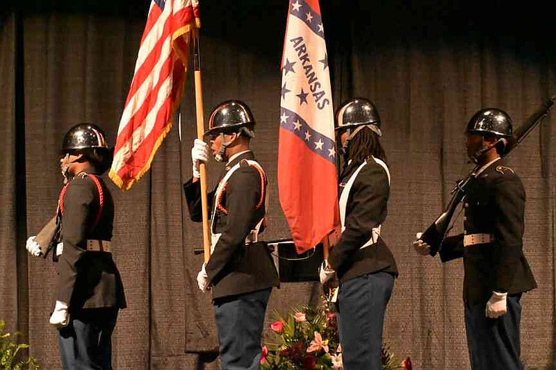 The Pine Bluff High School Air Force JROTC color guard retires the colors at the end of Mayor Vivian Flowers' State of the City address Monday, March 30, 2026. (Pine Bluff Commercial/I.C. Murrell)