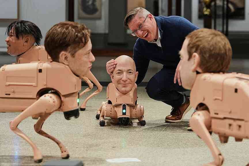Hot Spring Robot Robot dogs with Musk and Zuckerberg heads roam around Berlin museum in ...